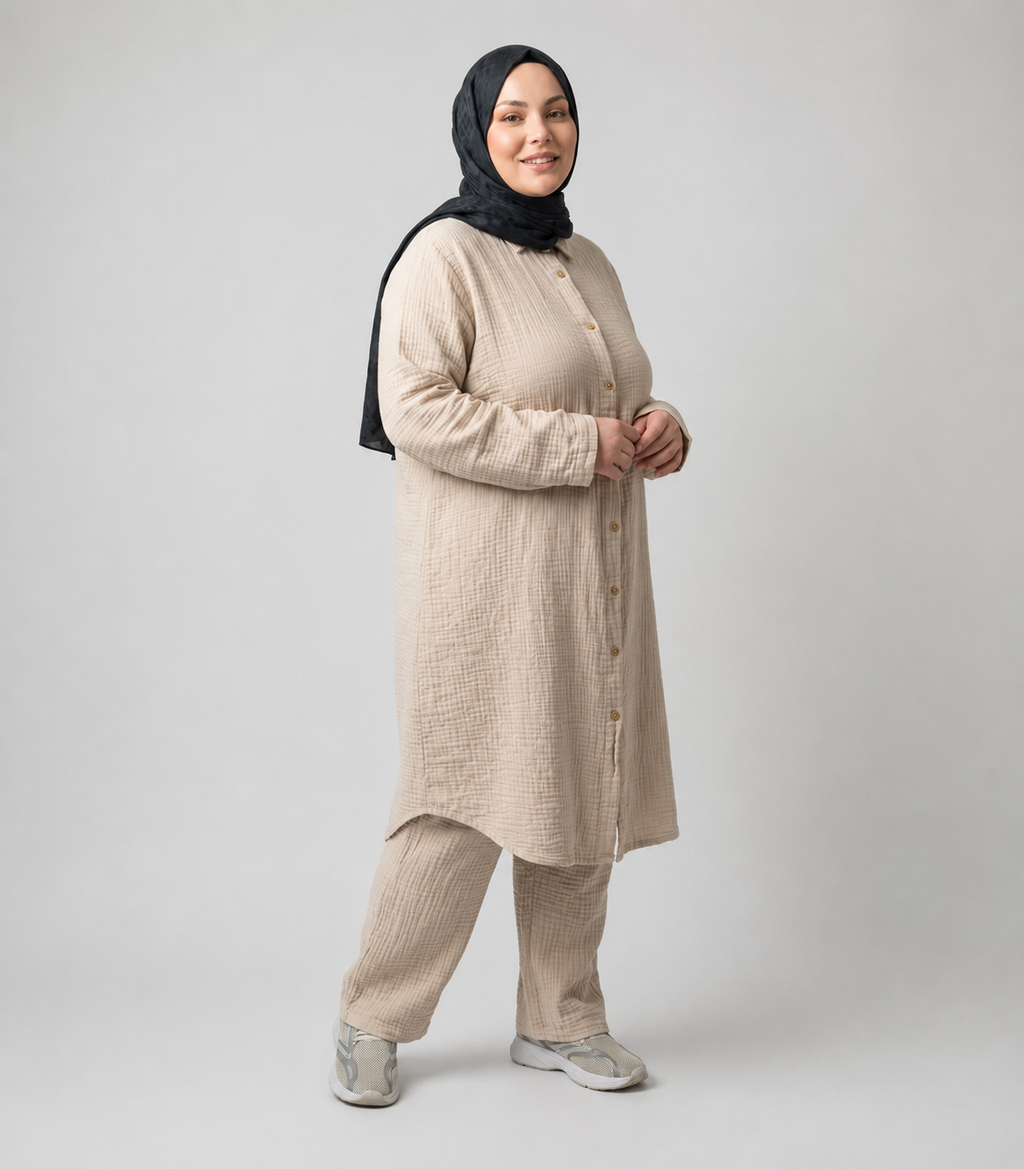 MUSLİN KUMAŞ UZUN DÜĞMELİ TUNİK